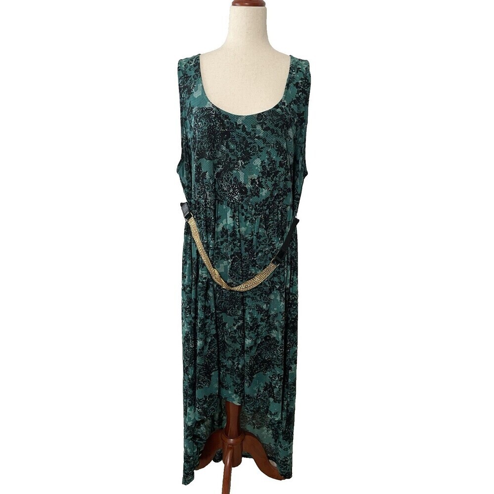 Torrid Women’s Size 3 Hi Low Dress Floral Print Green & Black w/ Gold Belt Midi